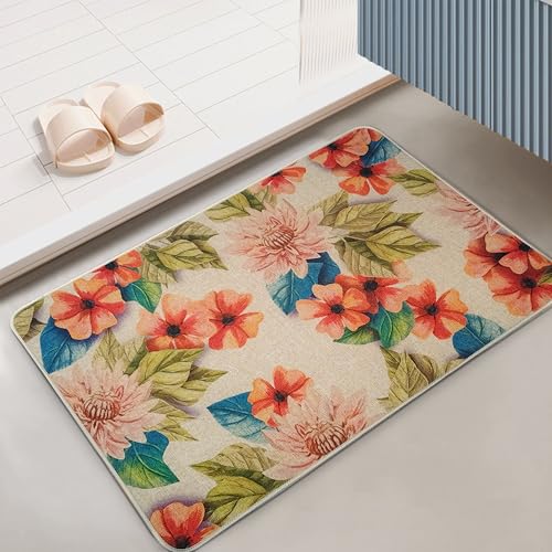 Image of Yellow Weaves 3 Pcs Jute Texture Non-Slip Bathmat, Water Absorbent Floor mat, Rugs, Door Mats for Bathroom, Living Room, Bedroom, Entrance, Outdoor, Kitchen, Office (Multi Floral)
