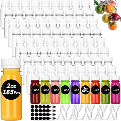 UZLU 165 Pcs 2 oz Small Plastic Juice Bottles with White Caps Mini Clear Ginger Shot Containers with Tamper Proof Lids Reusable Travel Bottles with Funnels Labels for Juice Milk Water Other Beverages