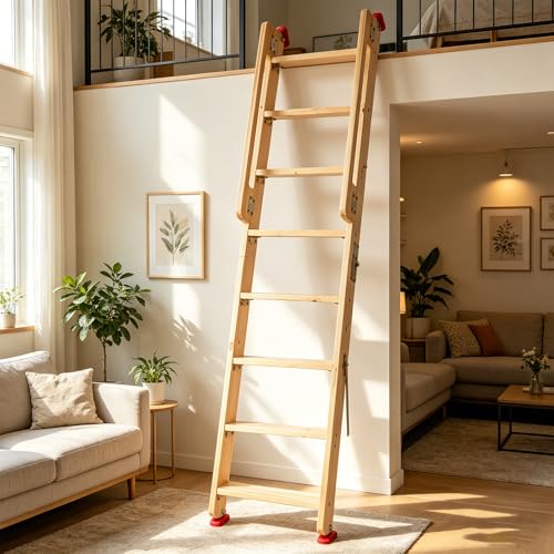 Image of 6.5ft Folding Wooden Loft Ladder, 8 Steps Rolling Library Ladder with Dual Handrails, Industrial Style SolidWood Step Ladder, Portable Loft Attic Ladder, 660LBS, for Attic, Warehouse, Library