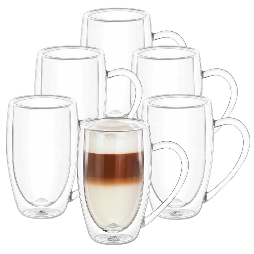 Wilmax | Doppelwandige Thermogläser mit Henkel | 6er-Set | 400 ml | Thermotassen | Latte Macchiato Gläser Set | Cappuccino Gläser mit Henkel | Kaffeegläser | Teegläser | Trinkgläser
