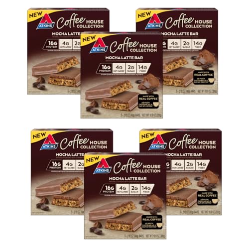 Atkins Coffee House Meal Bar, Mocha Latte, 16g Protein, 4g Net Carbs, 2g Sugar, 14g Fiber, Made with Real Coffee, 5 Count (Pack of 6)