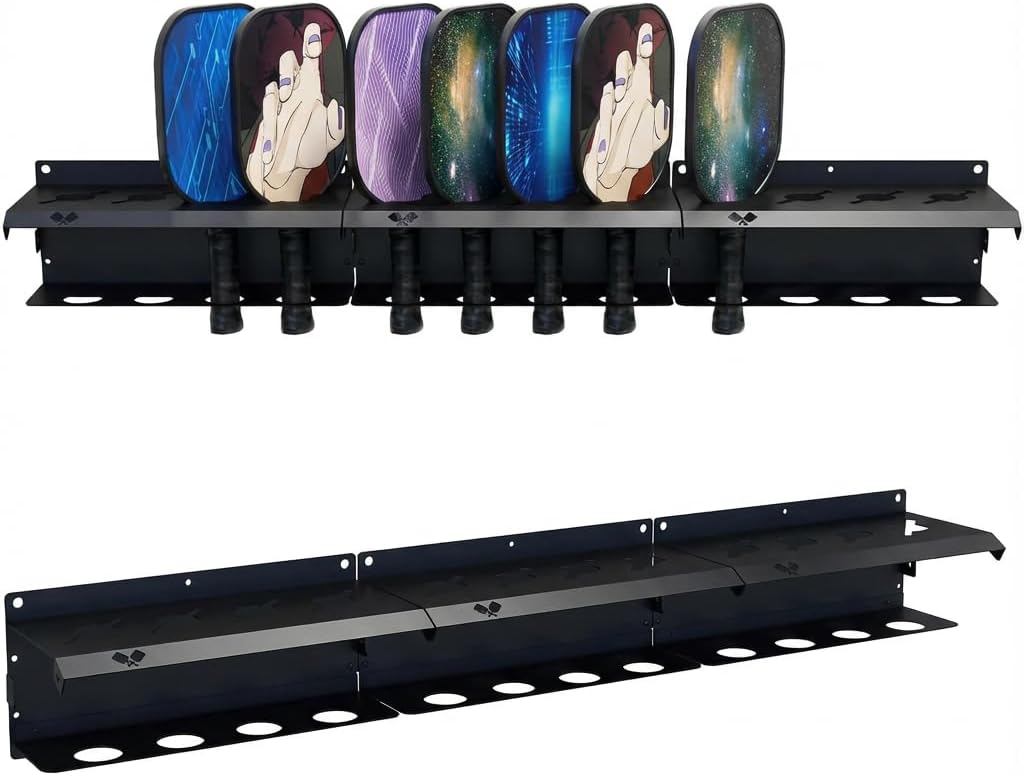 Pickleball Paddle Rack, Wall or Fence Mounted Organizer Holds 4/8/12 Paddles, Expandable Design for Indoor/Outdoor