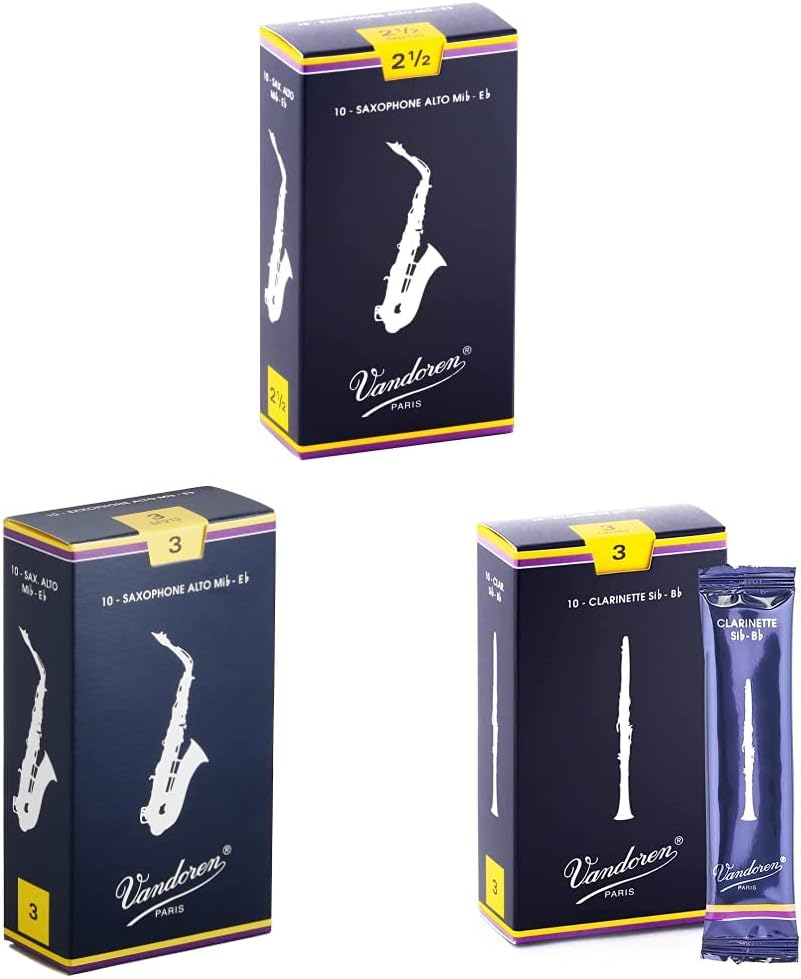 Vandoren Alto Sax and Bb Clarinet Traditional Reeds Strength 2.5 and 3; Box of 20