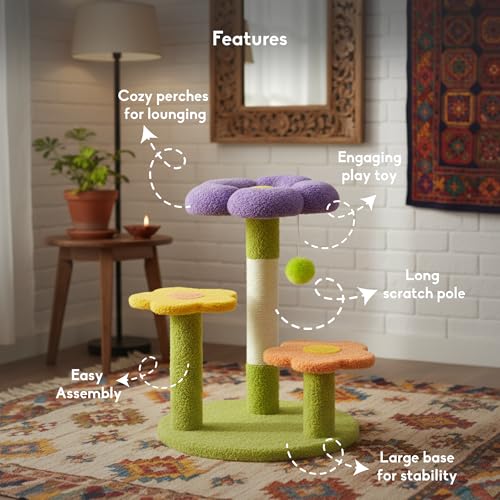 Image of Petunia Multi-Level Cat Tree for Indoor Cats & Kittens | Flower-Themed Cat Scratching Post Tower with Sisal Rope, Pom-Pom Toy & Climbing Platforms | Aesthetic Cat Furniture (Multicolor)