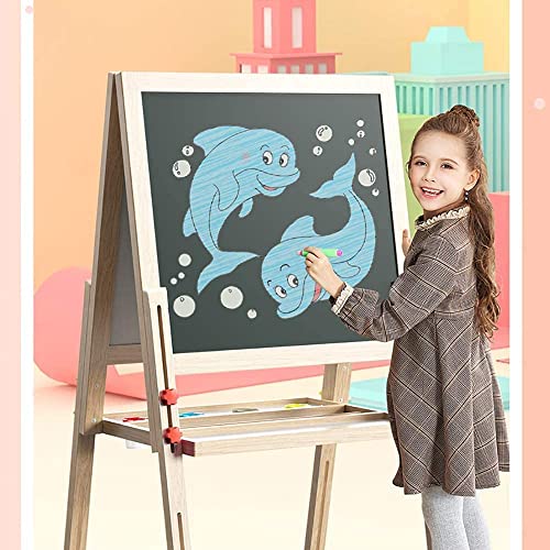 Dripex Kinder Tafel Holz Kindertafel Malerei Holztafel Doppelseitige Kreidetafel und Whiteboard Höhenverstellbar Standtafel mit 24Stk Zubehör (ab 3 Jahre)