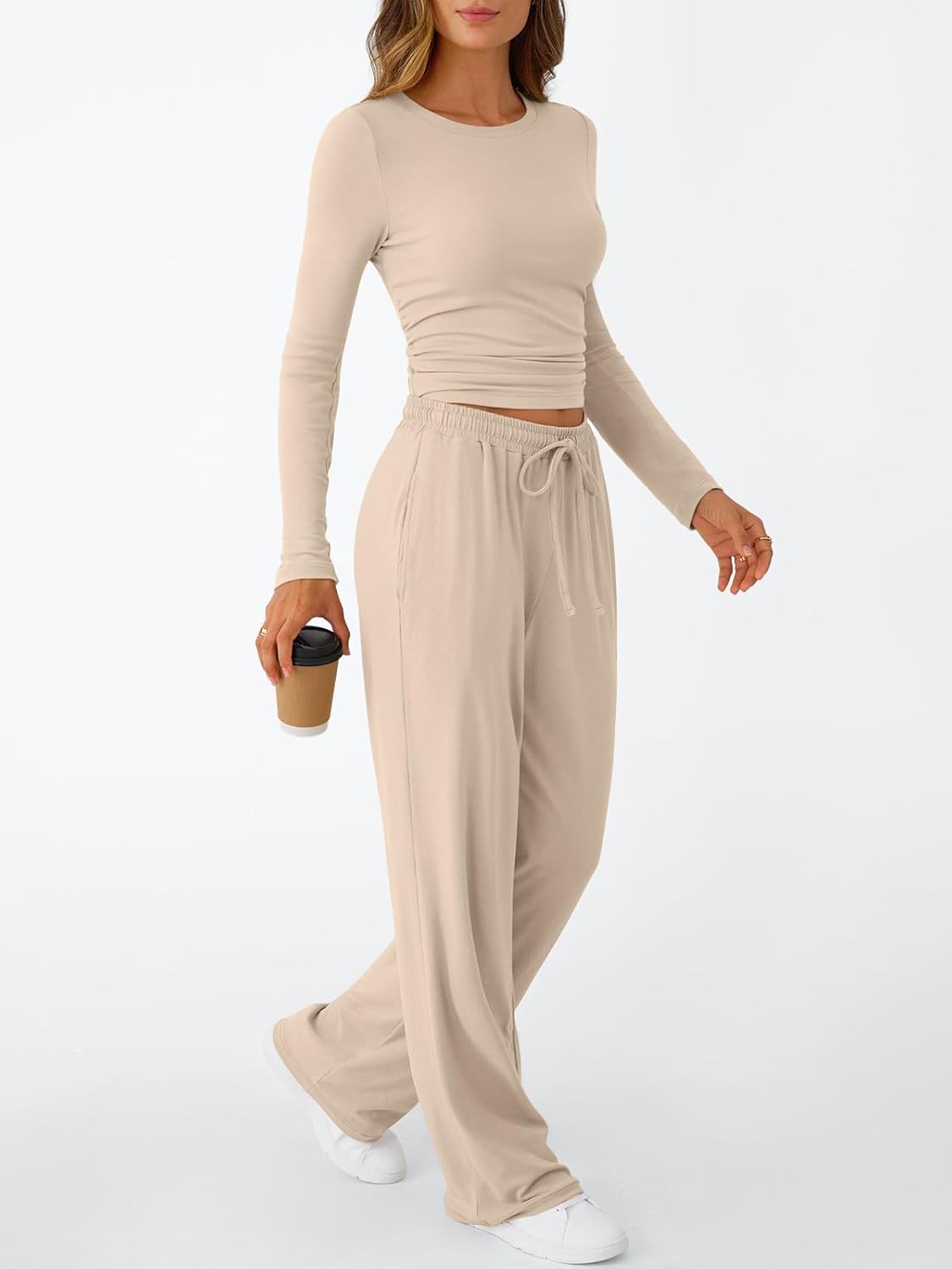 Trendy Queen Women's 2 Piece Matching Lounge Set Long Sleeve Side Ruching Top Wide Leg Drawstring Pants Set with Pockets - Image 3