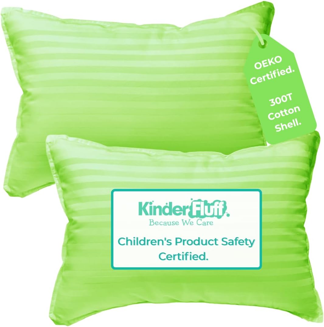 kinder Fluff Children Pillows 2X–Certified Hypoallergenic Award Winning Baby Pillow (no Pillowcase Needed) 300TC Pure Cotton Shell and Down Alternative Fill. Toddler Bedding Kids Pillow 7+ Green