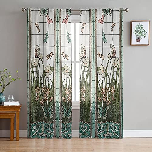 Trendier Semi Sheer Curtains 84 inch Length,Airy Drapes Bedroom Privacy Curtain, Stained Glass ​Meadow Flower Dragonfly Print Window Treatments Curtains for Living Room Patio Door,2 Panels, 52x84inx2