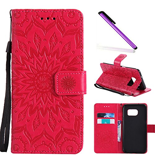 COTDINFOR Galaxy S7 Edge Funda Flores Cierre Magnético Billetera con Tapa para Tarjetas de Cárcasa Elegante Retro Suave PU Cuero Caso Case para Samsung Galaxy S7 Edge Sunflower Red KT