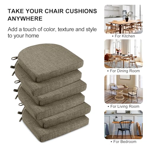 Image of Wellsin Chair Cushions for Dining Chairs 6 Pack - Kitchen Chair Cushions with Ties and Non-Slip Backing - Dining Chair Pads 16 inchX16 inchX2 inch, Khaki