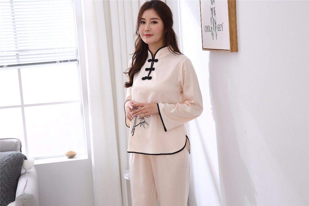 YUHOOE Pijamas De Mujer,Conjunto De Pijamas De Satén Sedoso Botón Tradicional Chino Bordado De Manga Larga Ropa De Dormir Pijamas Cómodos Sueltos Ropa De Dormir Ropa De Casa,Beige,XL