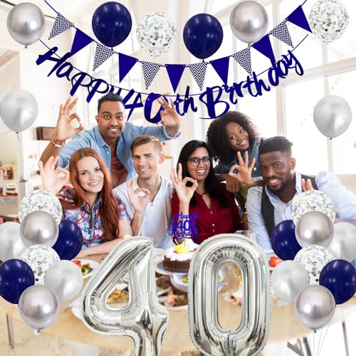 Image of 40th Birthday Decorations for Women Men, Blue Silver 40th Birthday Balloons, Blue Happy 40th Banner Cake Topper Number 40 Foil Balloon for 40 Year Old Party Decor