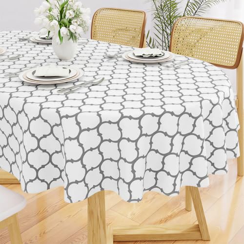 Image of Smiry Oval Table Cloth, Flannel Backed Vinyl Tablecloth, 60 inchx84 inch | Waterproof Plastic Tablecloths, Wipeable Table Cover for Dining, Indoor and Outdoor (White)