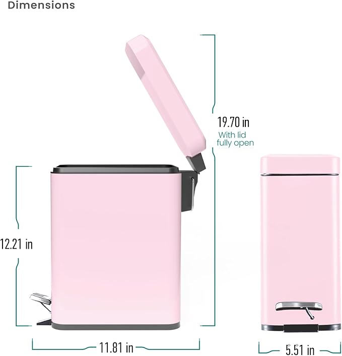 Basurero Pequeño 5L con Pedal y Tapa Silenciosa, Rectangular, Acero Inoxidable, Rosa Mate miniatura 2