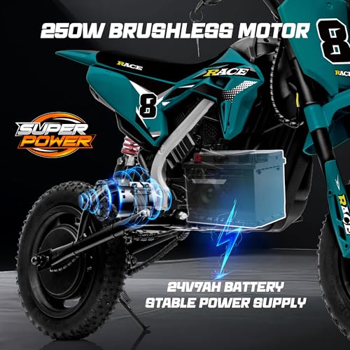 Image of 24V Kids Electric Dirt Bike - 250W Electric Motorcycle, 11 Mph Max Speed Electric Motorcycle Mini Bike with Music, 10 Miles Range, Twist Grip Throttle, Metal Suspension, Rubber Tires (Dark Green)