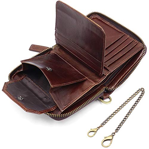 REETEE Carteras para Hombre RFID Bloqueo Billetera Hombre de Piel Cadena, Pequeño Monedero de Hombre con 12 Ranuras para Tarjetas y Cartera de Bolsillo para Hombre Monedero Cremallera (café)