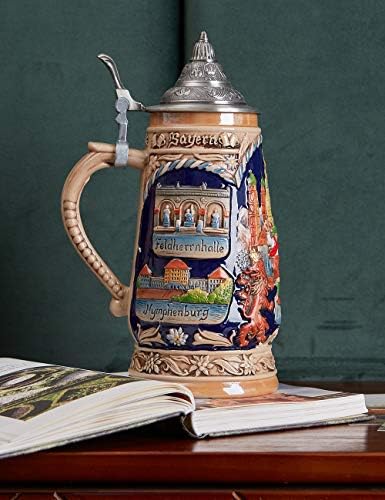 Amoy-Art Beer Stein Mug German Munich Bavarian Stanley Drinking Mug with Lid for Man 1.0Liter