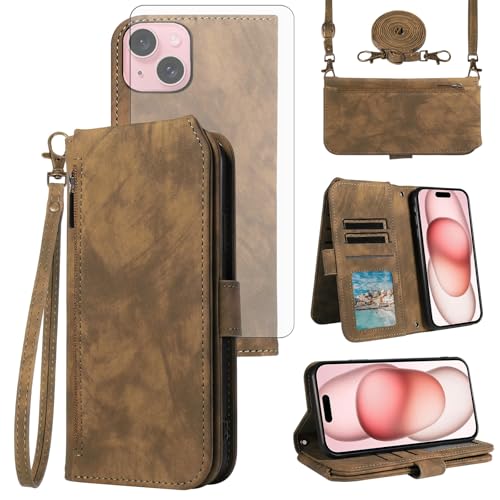 Coque iPhone 15 portefeuille Asuwish avec protection écran en verre