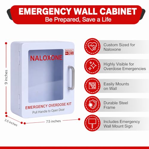 Image of Naloxone Overdose Emergency Kit Cabinet - Emergency Sign Included - No Alarm or Lock | Designed for Wall Mount & Public Access (No Alarm, White)