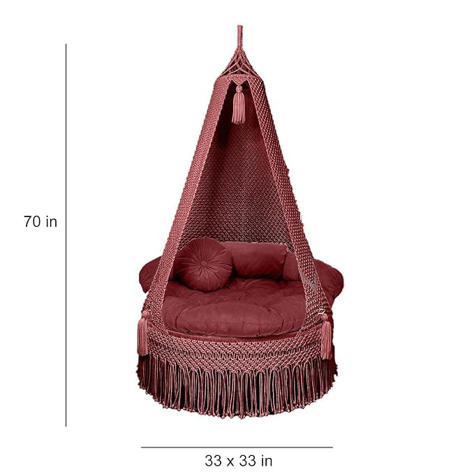 Image of Macrame Hanging Chair Swing with Cushions, Boho Indoor Round Hammock Seat Indoor & Outdoor - Patio, Balcony, Bedroom, Living Room, Garden-Kids, Adults (Maroon)