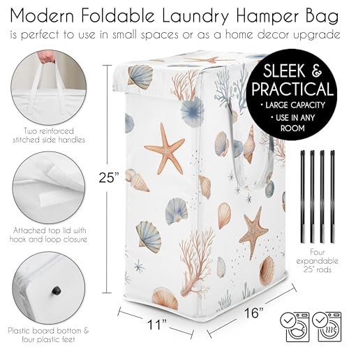 Image of Sweet Jojo Designs Laundry Hamper (Ocean Seashells) for Boys and Girls, Foldable Dirty Clothes Basket with Handles for Baby Nursery, Kids Bedroom, Teen Bathroom (Nautical, Beach Theme, Watercolor)