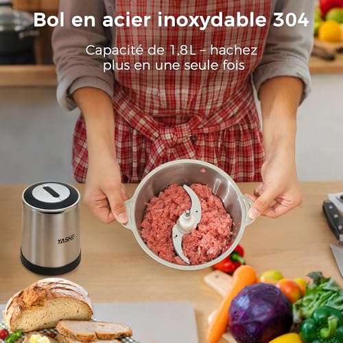YASHE Hachoir Électrique 500W, Robot de Cuisine avec Bol en Acier Inoxydable 1,8L, Hachoir à Viande avec 4 Lames Doubles, 2 Vitesses – Image 3