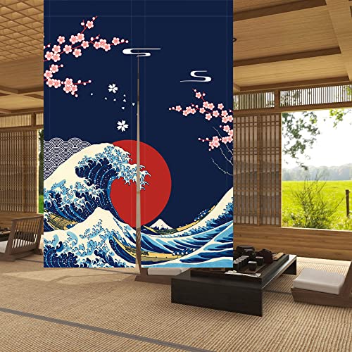 LIGICKY Japanese Noren Doorway Curtain Ukiyoe Hokusai The Great Wave Off Kanagawa Sun Cherry Blossoms Printed Window Treatment Door Tapestry for Home Restaurant Decoration 85 x 120 cm - Image 4