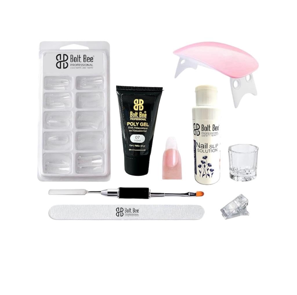 Bolt bee Poly Nail Gel Extension Kit With Slip Solution Uv Nail Lamp for Builder Gel UV Nail Art Kit Nail Extension Set. (CLEAR)