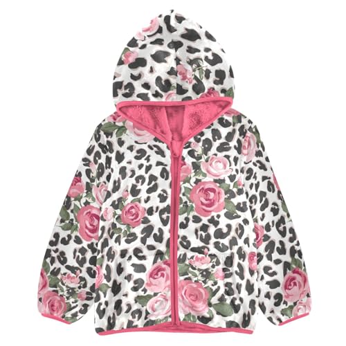 OTVEE Leopard Print Rose Flower Kids Hoodie Jacket Fall Spring Full Zip Warm Outwear Coat