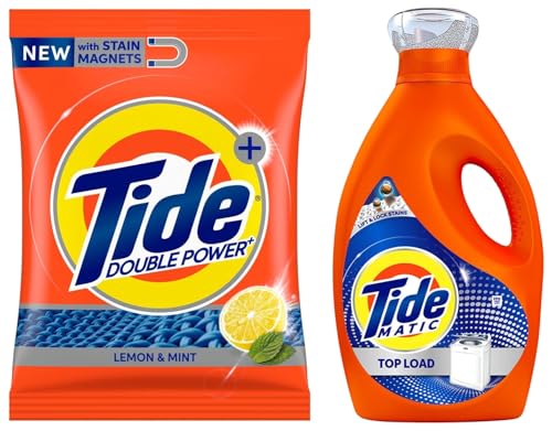 Image of Tide Matic Liquid Detergent 840 /850 Ml (Weight May Vary) Top Load Washing Machine, 1 Count & Tide Plus Detergent Washing Powder with double Power Lemon and Mint Pack - 1 kg