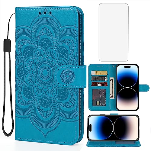 Funda iPhone 14 Pro Bohefo tipo cartera con tapa de cuero y vidrio templado