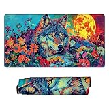 Alfombrilla Ratón Lobo de la Luna Grande Gaming Mousepad XXL 600 x 300 mm, Lavable, Alfombrilla Ratón de Neopreno - con Bordes Cosidos, Base de Goma Antideslizante, Oficina Accesorios, Regalos q-1129