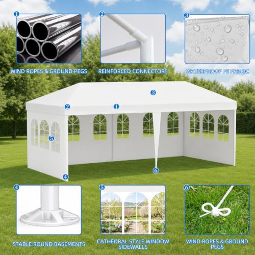 Image of 10' x 20' White Party Tent with 4 Removable Sidewalls - Outdoor Canopy Tent for Events, Backyard Wedding, BBQ, Waterproof PE Gazebo with No Center Pole