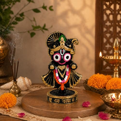 Image of eCraftIndia Lord Jagannath Idol Black & Golden Decorative Showpiece for Home Temple Puja Room Office Desk Spiritual Gift Handcrafted Resin Figurine Traditional Hindu God Murti for Vastu Decor
