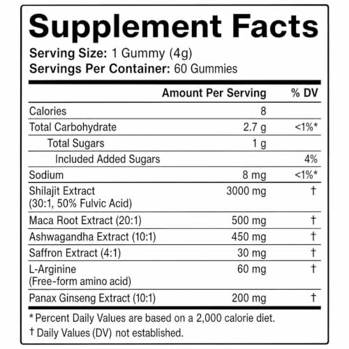 Performance Gummies, 6000mg Advanced Formula with Shilajit, Maca, Ashwagandha, Panax Ginseng, Saffron & L-Arginine, Energy, Stamina & Vitality Support, Chocolate Flavor, 60 Count - Image 5