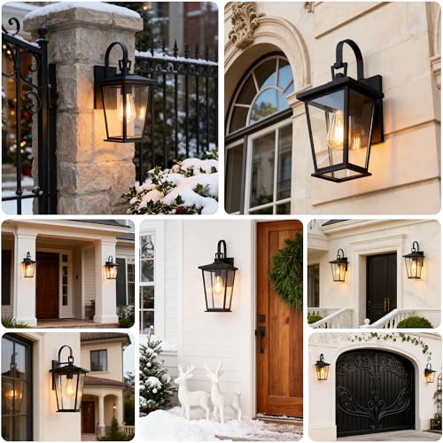 Image of Kalium Outdoor Wall Lights Fixtures Lantern Frame 16 1 /8 inch, Outside Lights Black Transitional Durable Metal, Clear Glass for Post Exterior Barn Deck House Porch Yard Patio Garage Garden