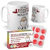 Pack Sevilla | Ser del Sevilla Mola un Huevo + Caramelos SevillaForte | Tazas de Desayuno | Idea de Regalo para Hinchas Sevillistas | Regalo de Taza de Fútbol | Cerámica de Calidad de 350ML
