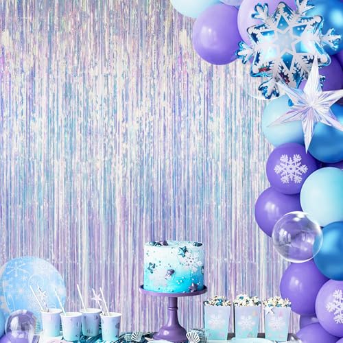 Image of Thicken Iridescent Party Streamers 2 Pack 3.3x6.6 FT, Holographic Foil Fringe Tinsel Backdrop Curtains for Birthday /Mermaid /Frozen /Bachelorette /Sea /Euphoria Party Decorations