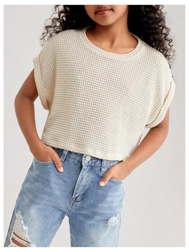 Girl's Waffle Knit Short Sleeve T Shirt Casual Summer Crew Neck Cropped Tee Tops4