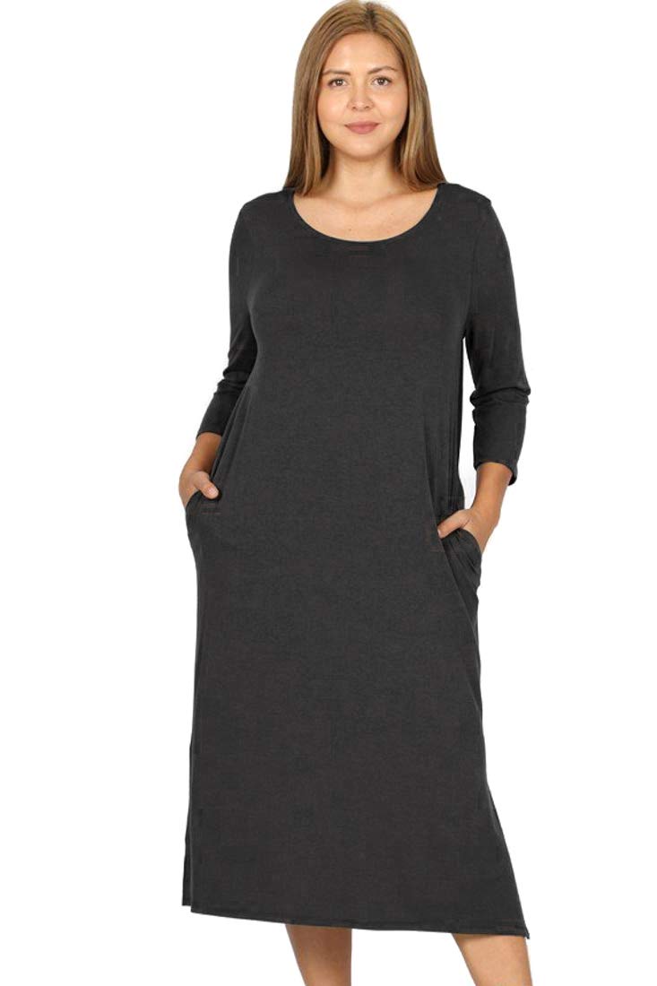 Modern Kiwi Women's Plus Size Casual Chic 3/4 Sleeve Pocket Midi Maxi Dress (1X-3X)