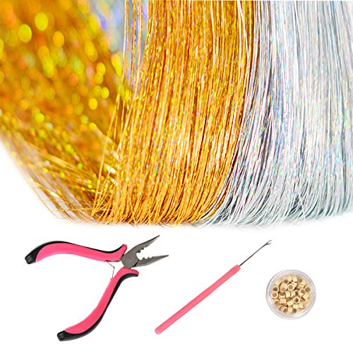 Hair Tinsel Kit, Glitter Fairy Hair Extensions, Shiny Silk Tinsel Hairpieces for Girls with Tools(a pulling needle,a Plier,100pcs Blonde Silicon Lined Beads),Pack of Gold and Silver,400 Strands/color