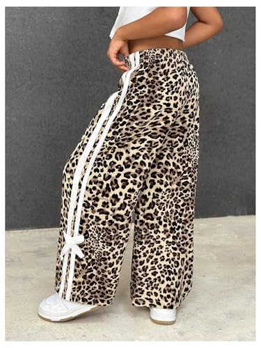 GORGLITTER Girl's Bow Cheetah Leopard Print Joggers Pants Baggy Y2K Wide Leg Elastic Waist Loose Sweatpants Bottoms2