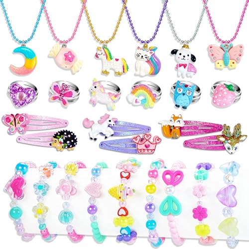 SIELEVIN Toddler Jewelry for Little Girls Kids Jewelry Necklace Bracelet Ring Hair Clip with Unicorn Animal Pendant for Toddlers Girls Pretend Play Costume Dress up Gifts for 3 4 5 6 7 8 Year Old