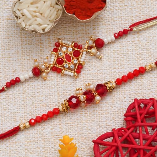 Image of eCraftIndia Set of 2 Peach, Green & Golden Pearls, Designer Rakhis | Roli Chawal Pack