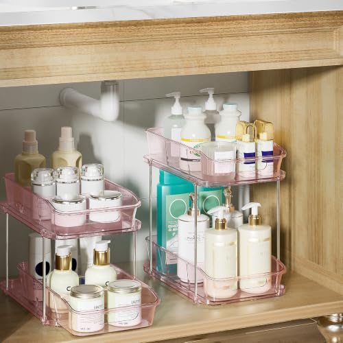 Image of Delamu 2-Tier Under Sink Organizers and Storage, Multi-Purpose Stackable Bathroom Cabinet organizers, Pull Out Kitchen Pantry Organization and Storage with Dividers(2 Pack, Pink)