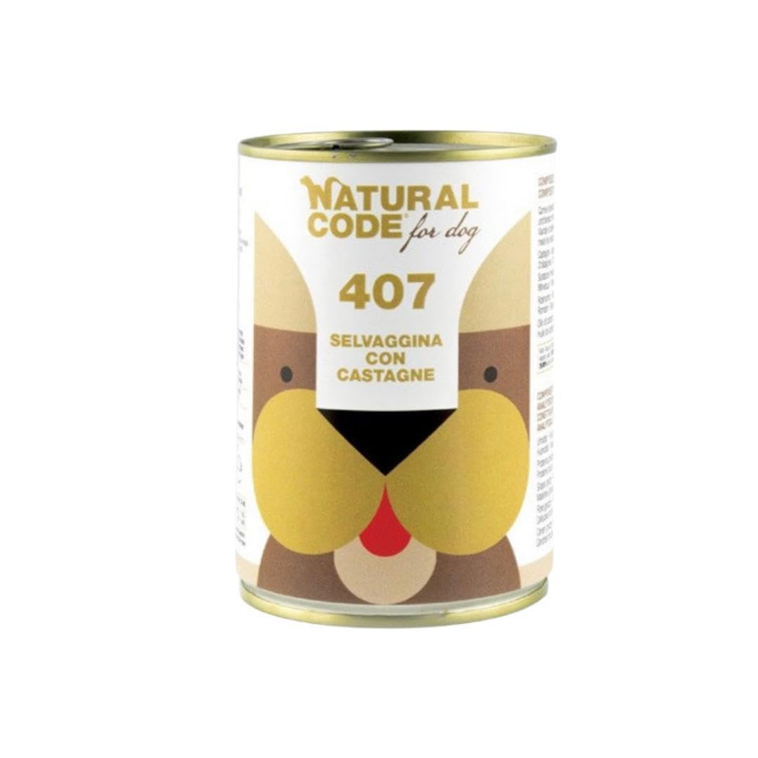 Natural Code - Comida húmeda para perro número 403, sabor de caza con castañas, alimento completo en desfiles para perros adultos de todas las tallas y razas en lata. 6 latas de 400 gramos cada una, 6