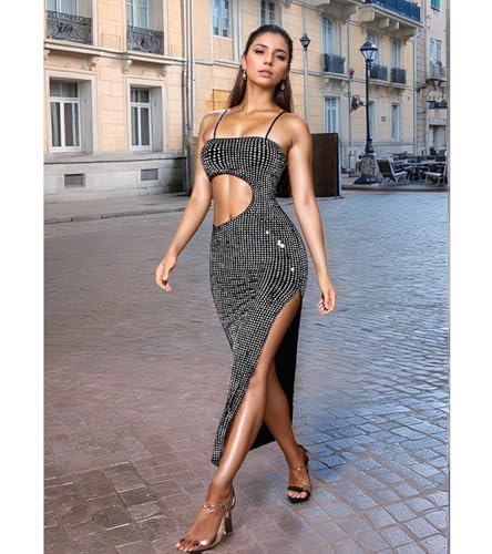 Image of Jigfar Women Sexy Elegant Rhinestone Mesh See Through Party Club Night Split Bodycon Formal Maxi Dress
