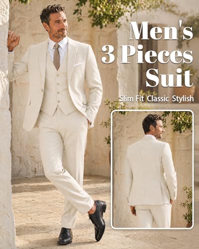 Image of MY'S Men's 3 Piece Suit Set with Tie, One Button Slim Fit Solid Jacket Vest Pants, Prom Party Wedding Business Suits for Men