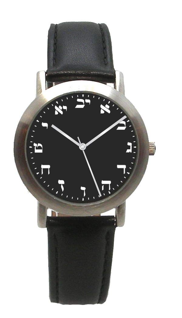 Hebrew TimeHebrew Numbers Brushed Chrome Unisex Size Round Watch Has Black Dial with Black Stitched Leather Strap