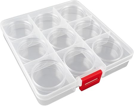 ToolUSA HAWK Divided Storage Box | 5.5"x 5.5"x 1" 14 cm x 14 cm x 2.5 cm | With 9 Round Containers 1 5/8" 4.1 cm Diameter | Clear Durable Plastic